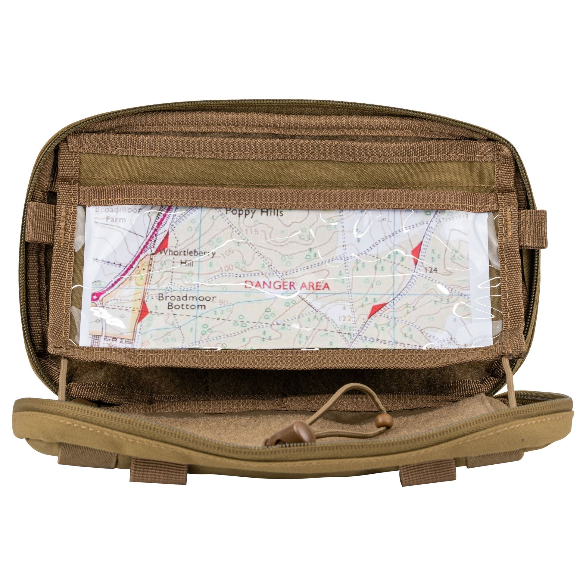 Funda VX COYOTE de Viper mostrando anclajes MOLLE/PALS exterior e interior y solapa administrativa desmontable