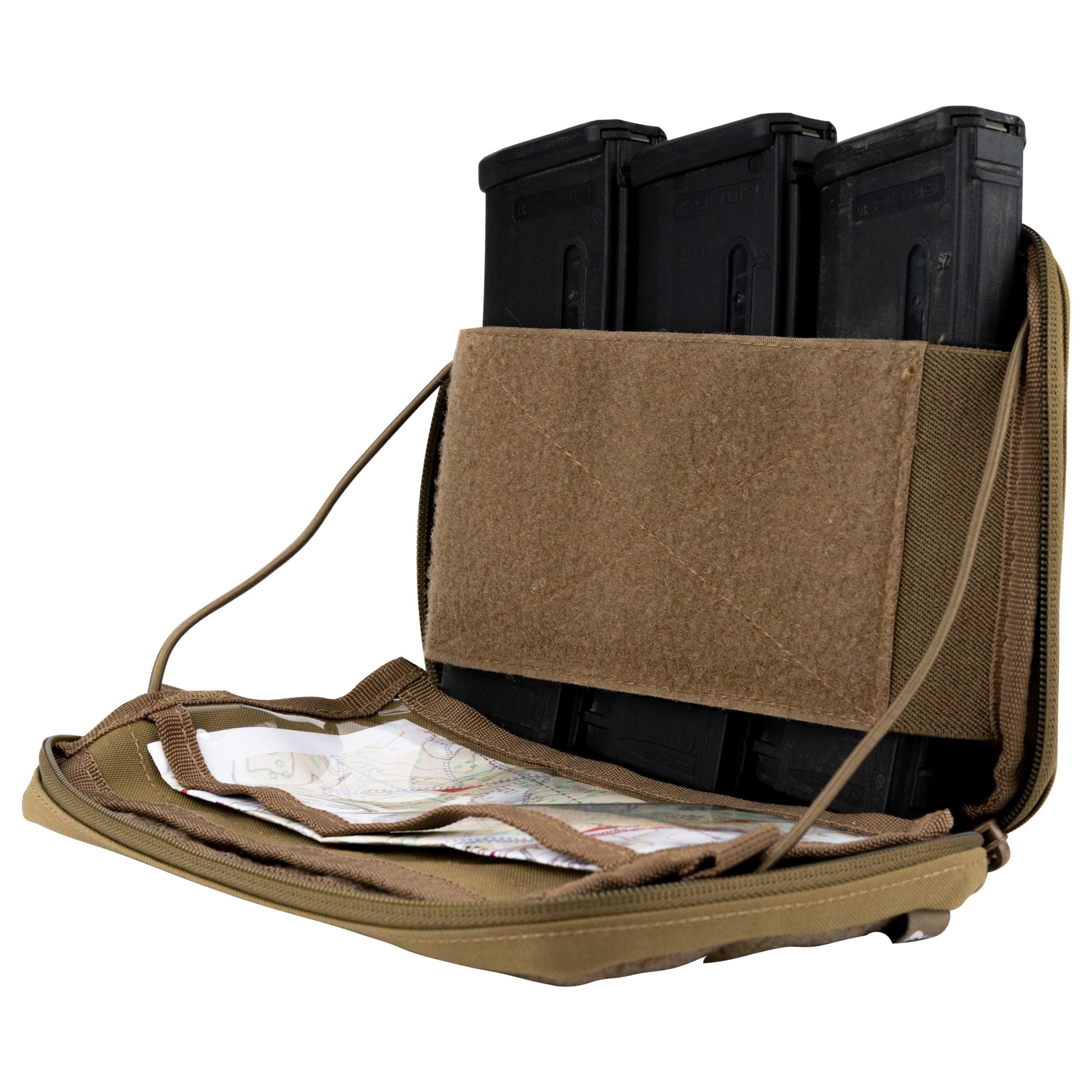 Funda VX COYOTE de Viper mostrando anclajes MOLLE/PALS exterior e interior y solapa administrativa desmontable