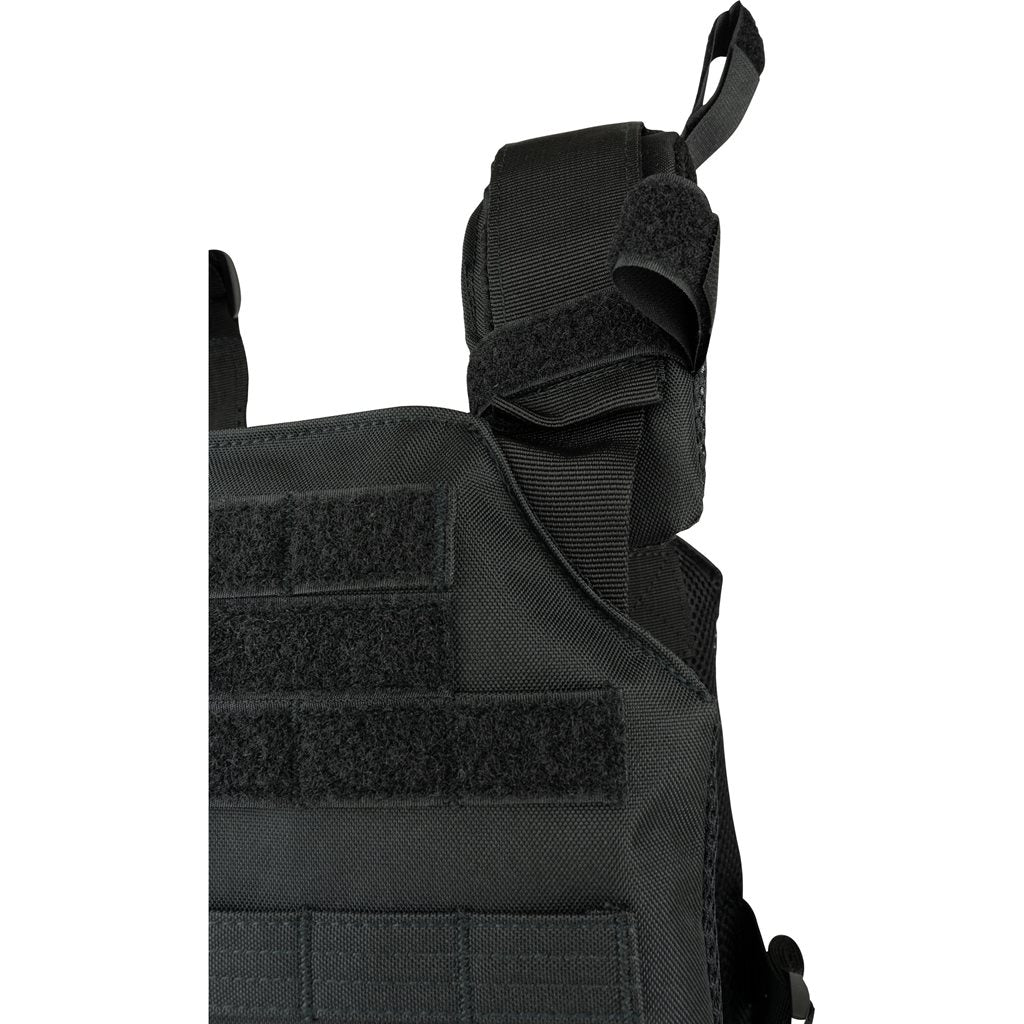 Vesta Portaplacas Elite Carrier Negro en 600D Cordura, modular frontal y trasero