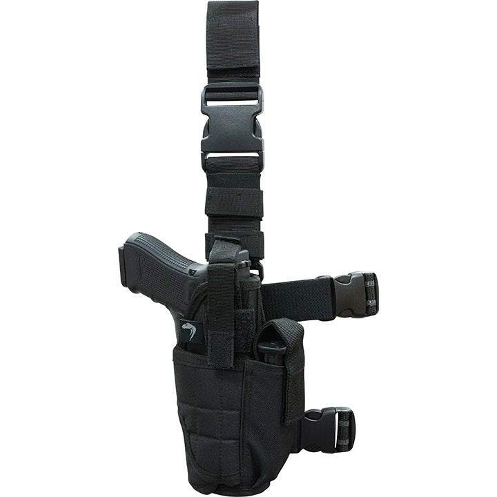 Funda de pistola ajustable Uni muslera negra con camuflaje, cierre con broche y correas ajustables
