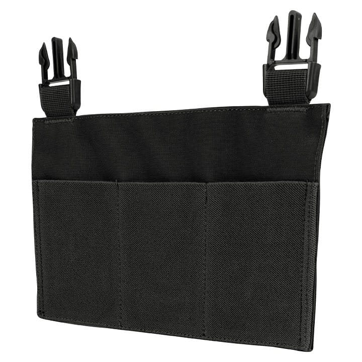 Plataforma frontal SMG para chaleco VX en color negro, vista del panel delantero con bolsillos elásticos.