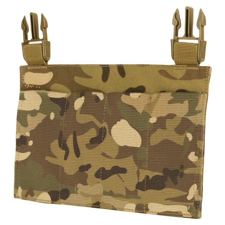 Plataforma frontal SMG para chaleco VX en color negro, vista del panel delantero con bolsillos elásticos.