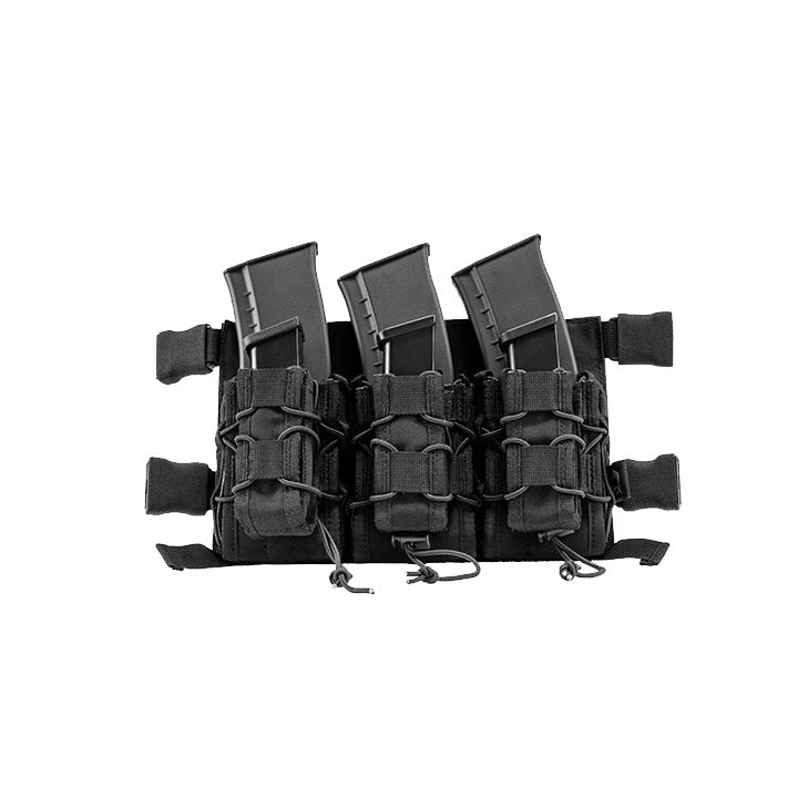 Plataforma frontal VX MAG RIG negra con tres portacargadores asegurados por cordón elástico