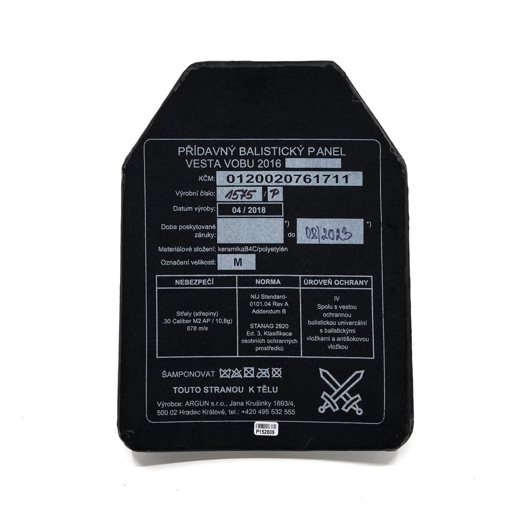 Placa balística adicional para chaleco VOBU 2016, sin garantía de protección balística