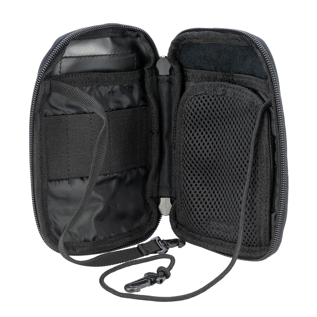 Funda OPERATORS universal negra con anclaje MOLLE, asa, 4 bolsillos interiores y bolsillo exterior de malla