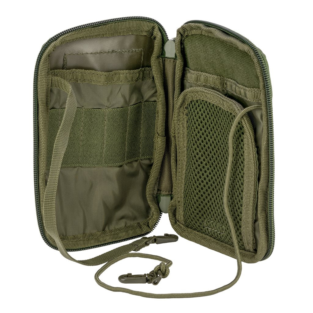 Funda OPERATORS universal negra con anclaje MOLLE, asa, 4 bolsillos interiores y bolsillo exterior de malla