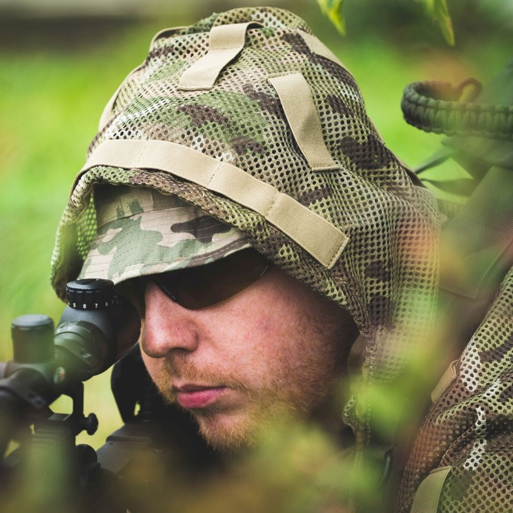 Capa de camuflaje CONCEALMENT para tirador, malla con lazos elásticos y capucha desmontable