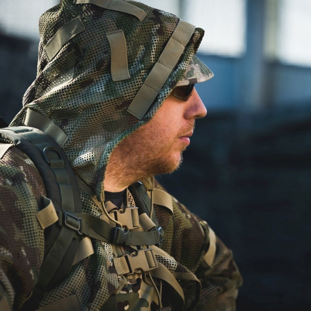 Capa de camuflaje CONCEALMENT para tirador, malla con lazos elásticos y capucha desmontable