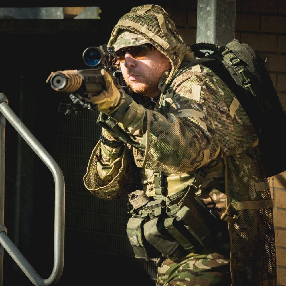Capa de camuflaje CONCEALMENT para tirador, malla con lazos elásticos y capucha desmontable
