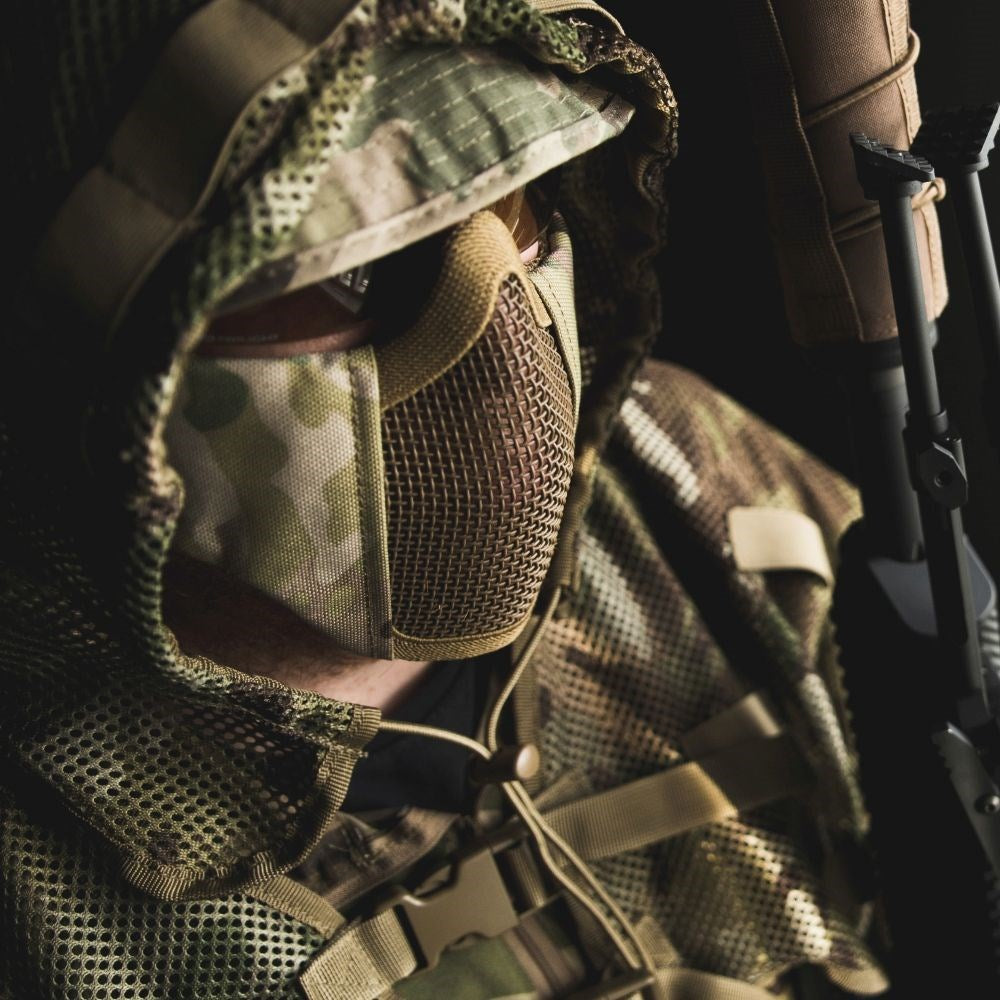 Capa de camuflaje CONCEALMENT para tirador, malla con lazos elásticos y capucha desmontable