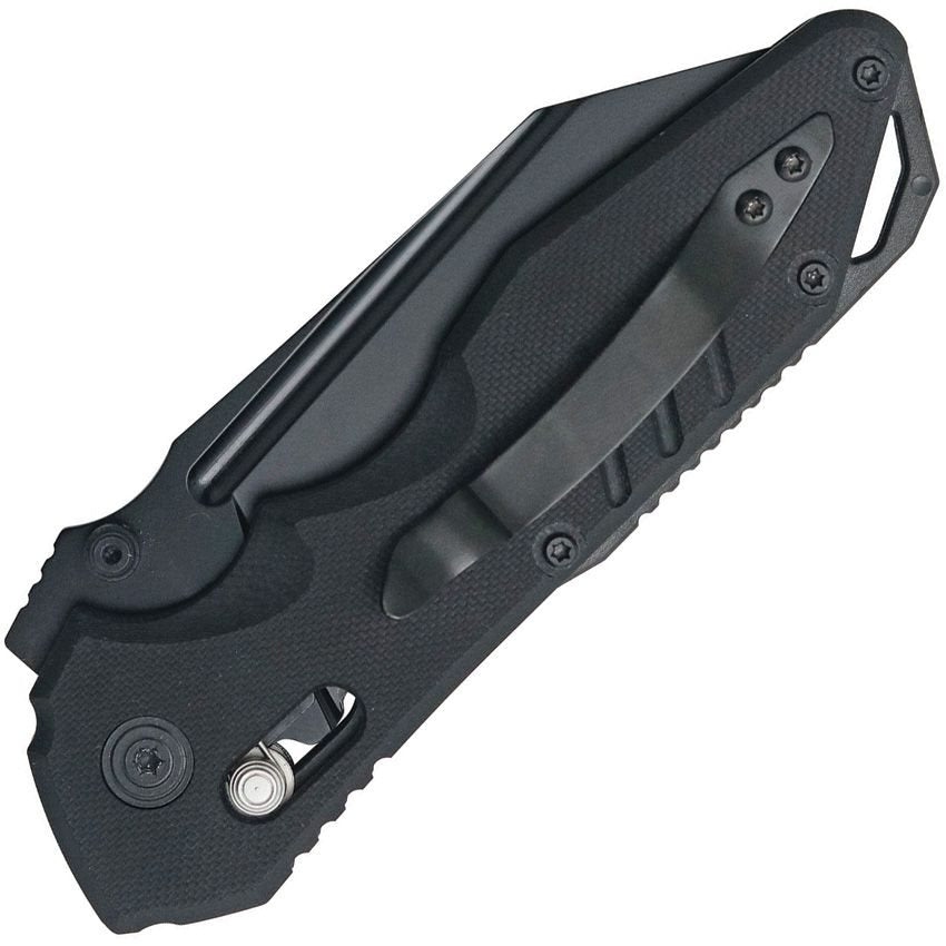 Navaja ASOPUS plegable con hoja drop point 440C, acabado titanio negro y seguro AxisLock
