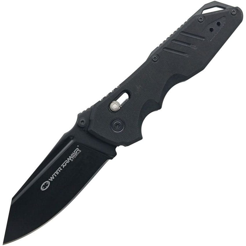 Navaja ASOPUS plegable con hoja drop point 440C, acabado titanio negro y seguro AxisLock
