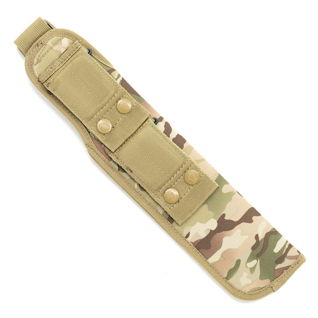 Machete acero inoxidable con hoja de 260 mm, espesor 5 mm, mango de madera y funda camuflaje