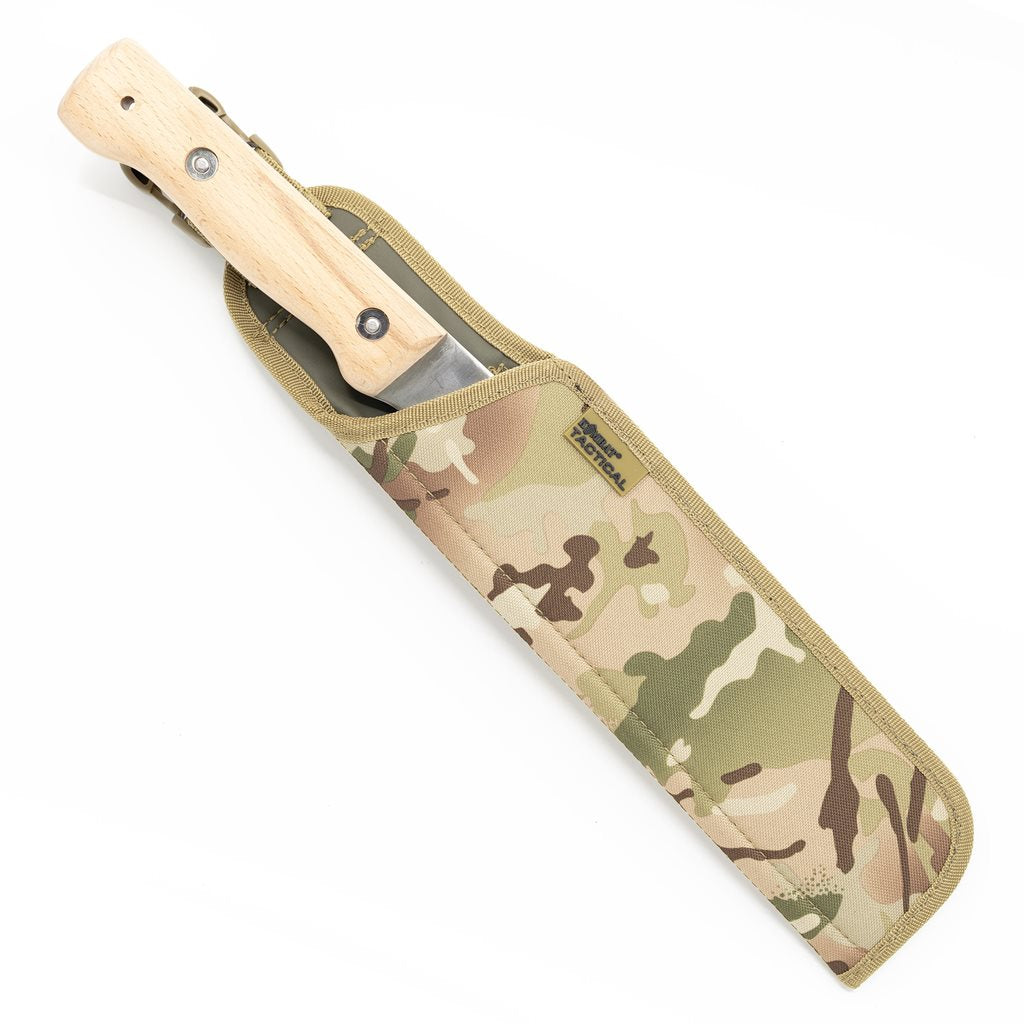 Machete acero inoxidable con hoja de 260 mm, espesor 5 mm, mango de madera y funda camuflaje