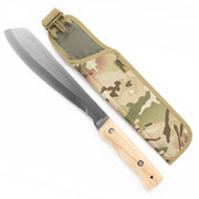 Machete acero inoxidable con hoja de 260 mm, espesor 5 mm, mango de madera y funda camuflaje