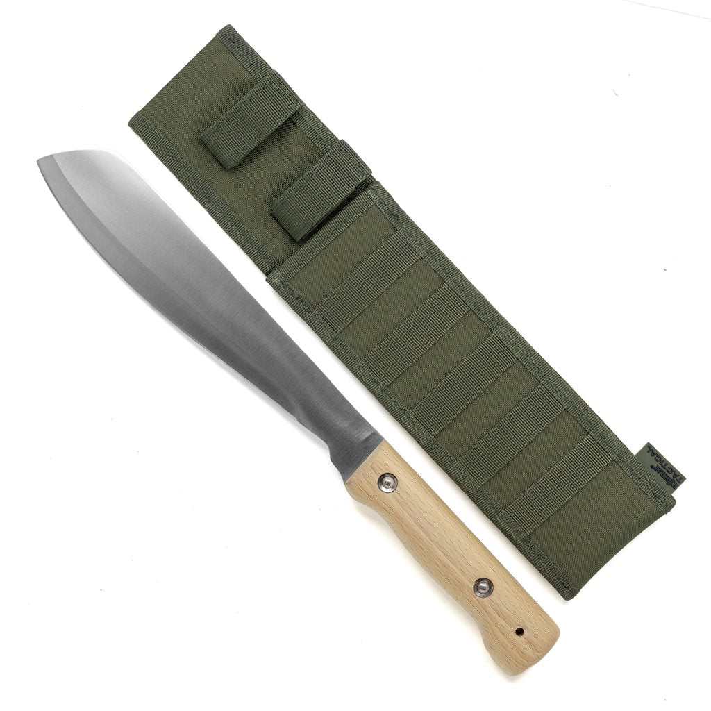 Machete inoxidable OLIV con hoja 260 mm, grosor 5 mm, mango de madera y funda