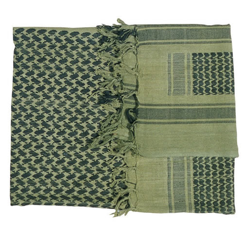 Pañuelo Shemagh olivo-negro de algodón mostrado doblado