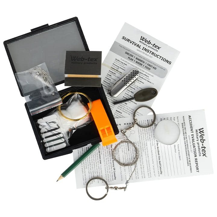 Set de supervivencia COMBAT web-tex negro en caja plástica 12x10x3 cm