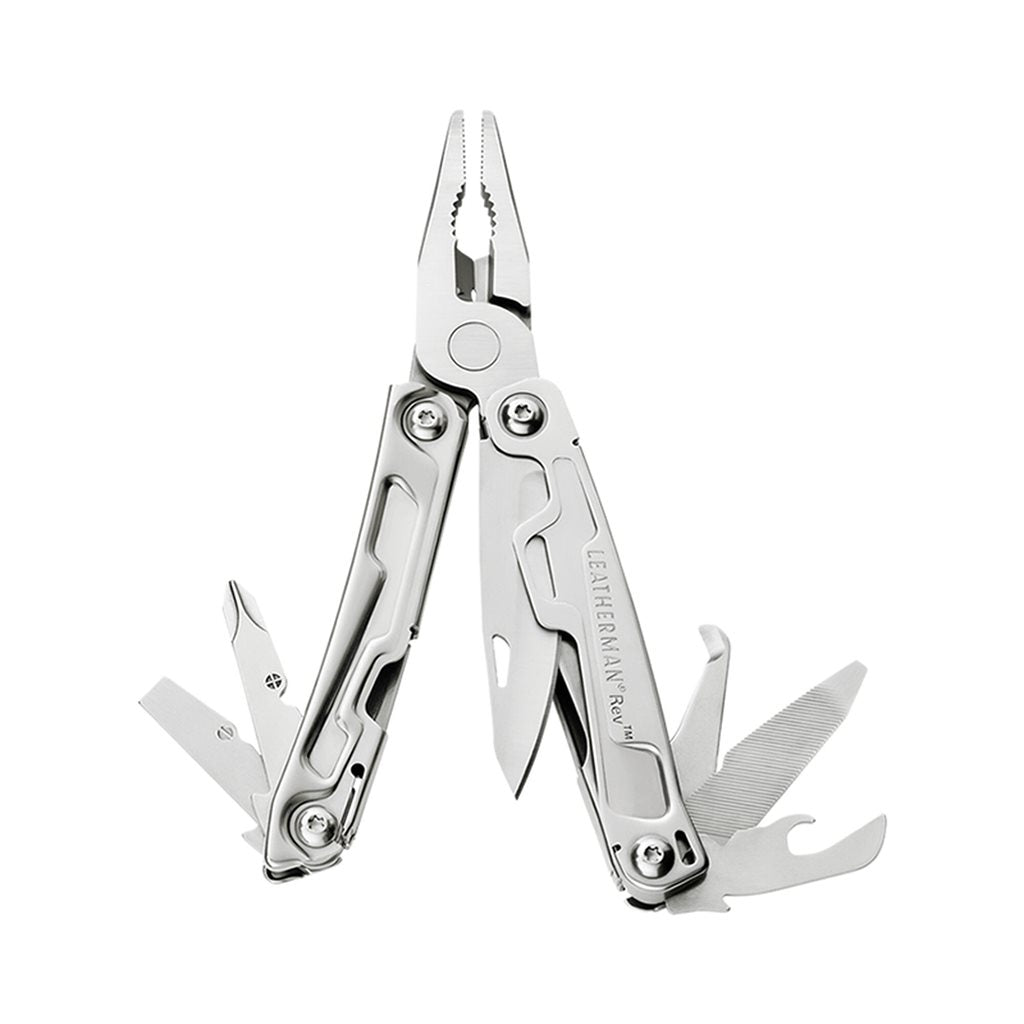 Multiherramienta plegable Leatherman REV plateada en acero 420HC, 14 herramientas