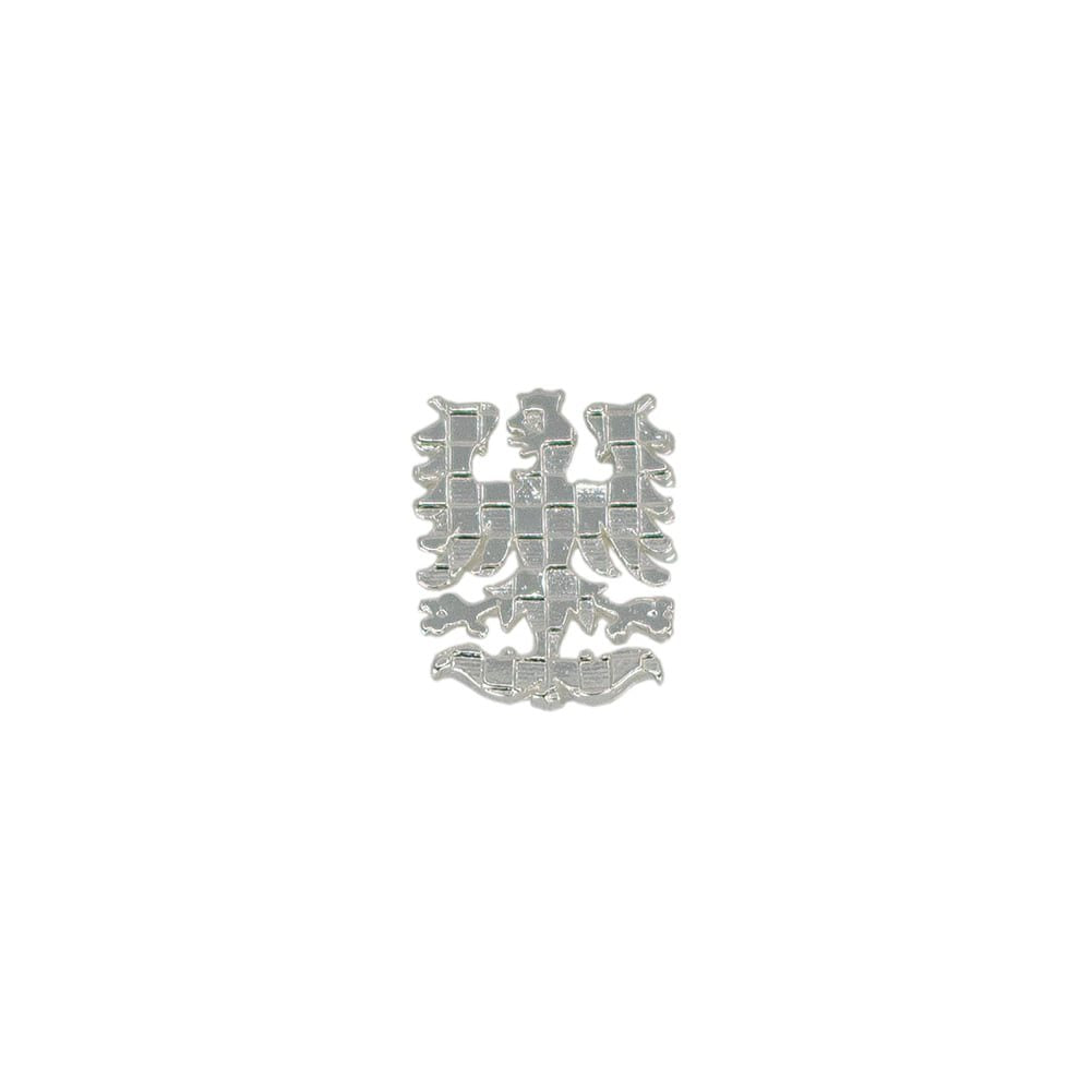 Insignia Moravská Orlice, pieza fundida con cierre PIN; dimensiones indicadas 12x15 mm y aprox. 30x38 mm