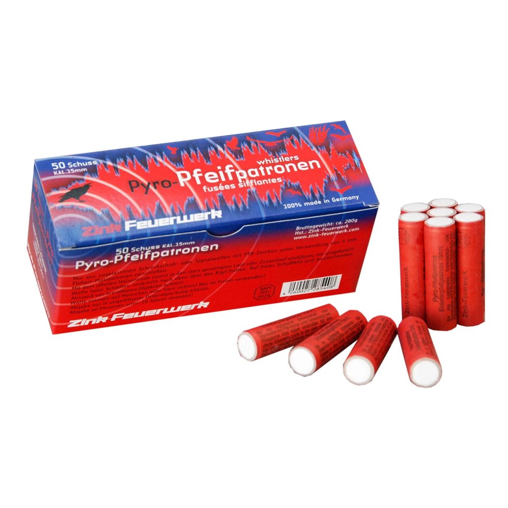 Bengala silbante ZINK 15 mm con estela roja, pack de 50