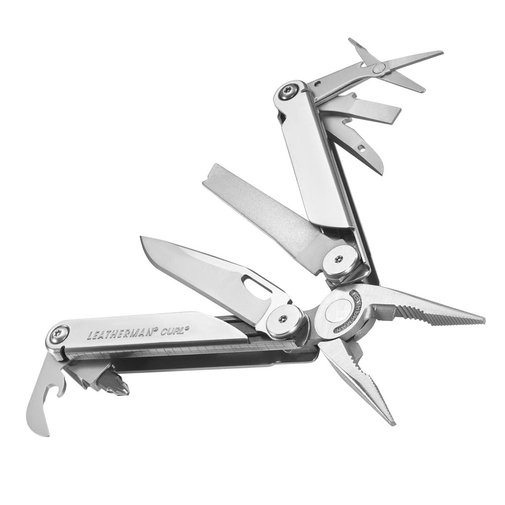 Leatherman CURL alicates multifunción plateados en acero 420HC, 15 herramientas y clip de cinturón extraíble
