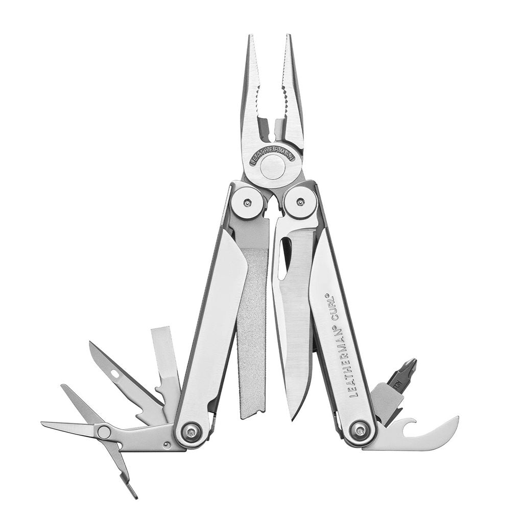 Leatherman CURL alicates multifunción plateados en acero 420HC, 15 herramientas y clip de cinturón extraíble